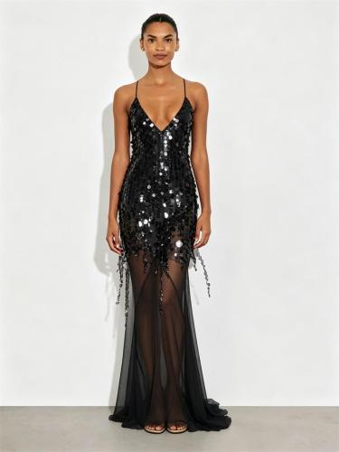 Black Straps V Neck Sequins Tassels Mesh Sheer Party Elegant Maxi Dress