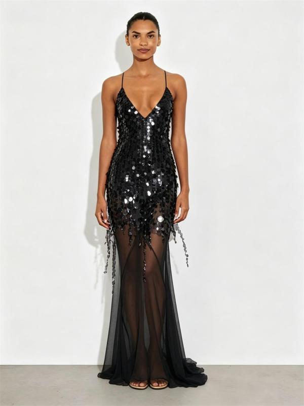 Black Straps V Neck Sequins Tassels Mesh Sheer Party Elegant Maxi Dress