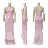 Pink Straps V Neck Sequins Tassels Mesh Sheer Party Elegant Maxi Dress