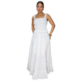White Tow Pieces Casual Long Dress Sets Sexy Strap Sleeveless Top Loose Fashion Skirt