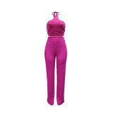Rose Red Two Pieces Knitted Crop Tops Bodycon Party Street Pant Sets
