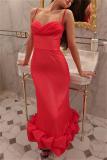 Red Straps Low Cut Ruched Vacation Women Midi Dress