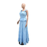 Blue Tow Pieces Casual Long Dress Sets Sexy Strap Sleeveless Top Loose Fashion Skirt 001