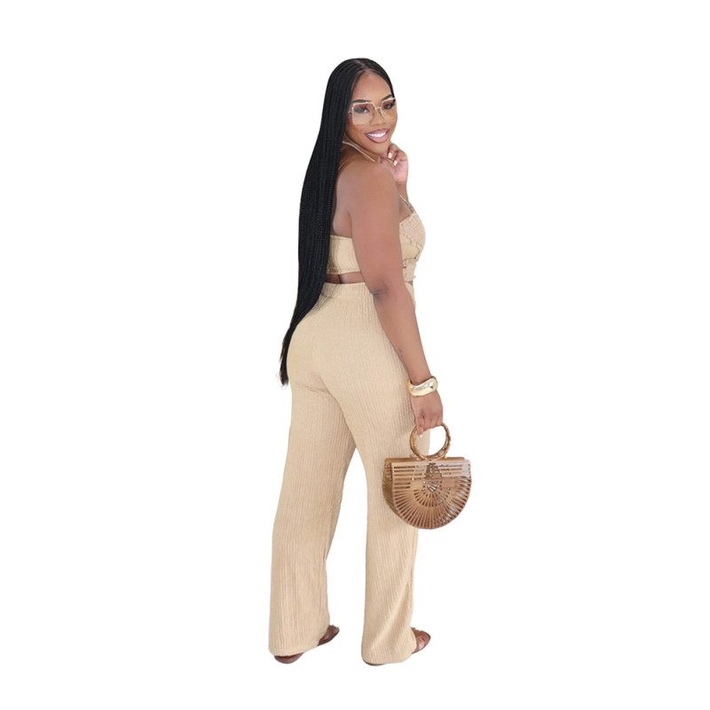 Khaki Two Pieces Knitted Crop Tops Bodycon Party Street Pant Sets