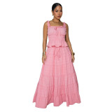 Pink Tow Pieces Casual Long Dress Sets Sexy Strap Sleeveless Top Loose Fashion Skirt