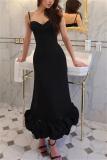 Black Straps Low Cut Ruched Vacation Women Midi Dress