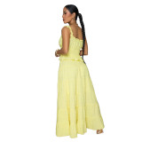 Yellow Tow Pieces Casual Long Dress Sets Sexy Strap Sleeveless Top Loose Fashion Skirt