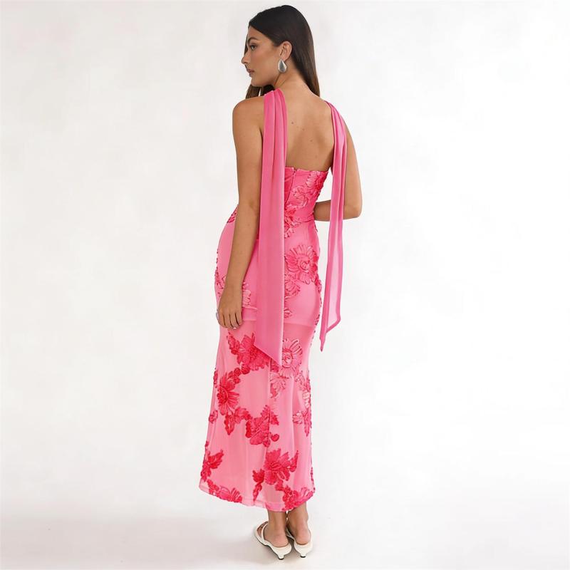 Rose Red Off Shoulder Lace Embroidery Sheer Luxury Formal Midi Dress