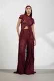 Claret Two Pieces Lace Hollow Out Long Tops Sexy Pant Sets Dress 002