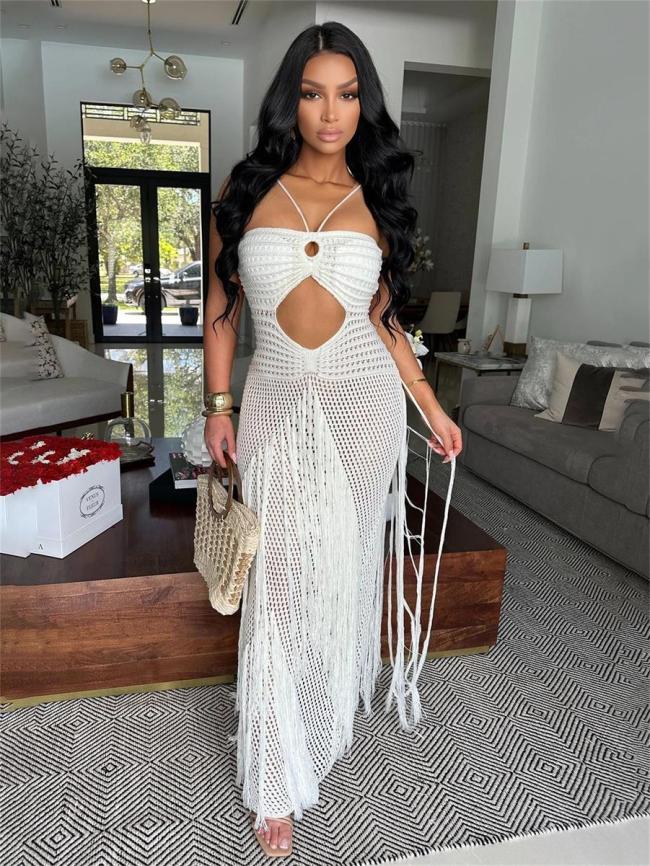 White Knit Hollow Out Tassels Sexy Women Vacation Beach Coats