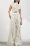 White Two Pieces Lace Hollow Out Long Tops Sexy Pant Sets Dress