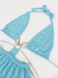 Light Blue Halter Neck Knit Hollow Out Chain Vacation Beach Midi Dress