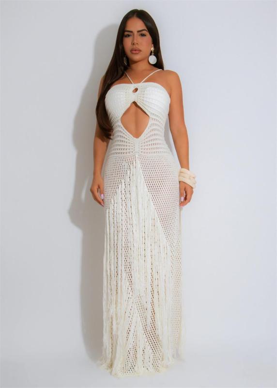 White Knit Hollow Out Tassels Sexy Women Vacation Beach Coats