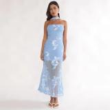 Blue Off Shoulder Lace Embroidery Sheer Luxury Formal Midi Dress