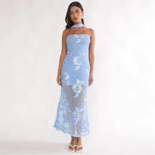 Blue Off Shoulder Lace Embroidery Sheer Luxury Formal Midi Dress