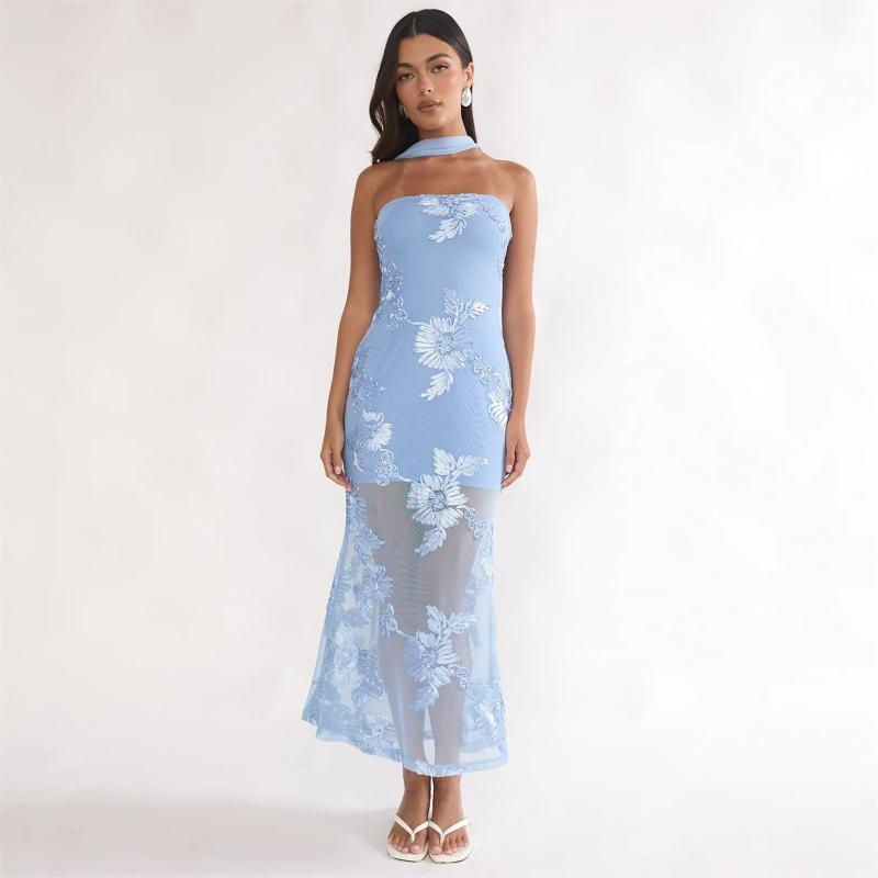 Blue Off Shoulder Lace Embroidery Sheer Luxury Formal Midi Dress
