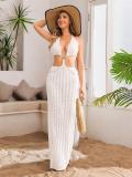 White Halter Neck Knit Hollow Out Chain Vacation Beach Midi Dress