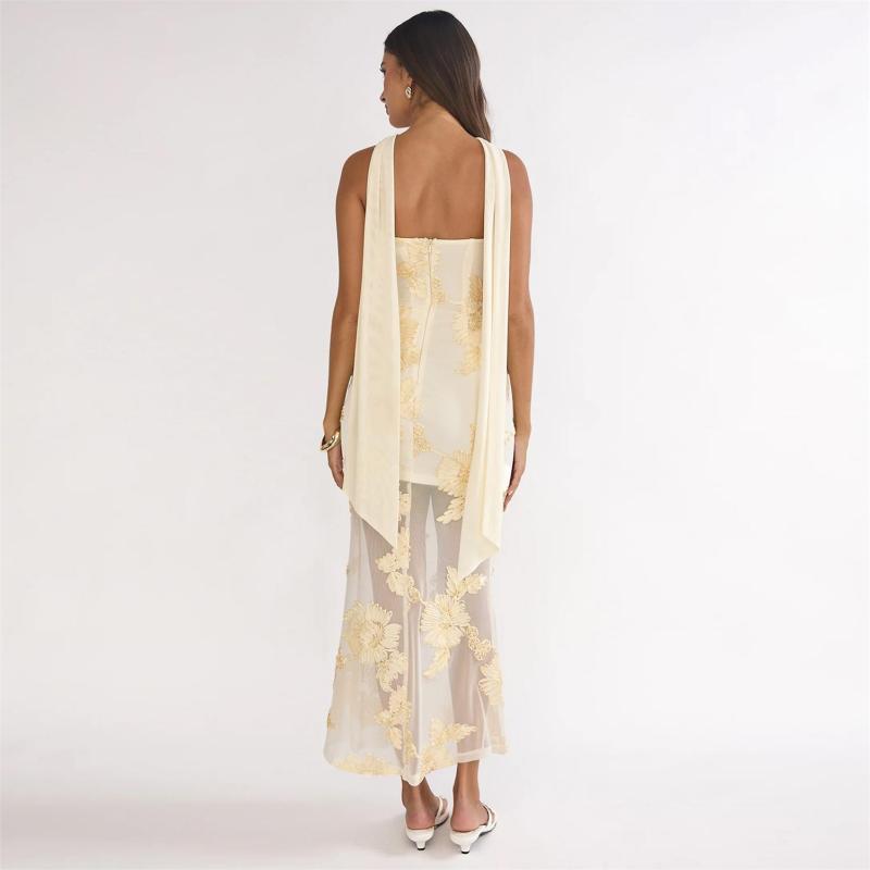 Yellow Off Shoulder Lace Embroidery Sheer Luxury Formal Midi Dress
