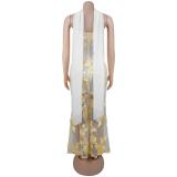 Yellow Off Shoulder Lace Embroidery Sheer Luxury Formal Midi Dress