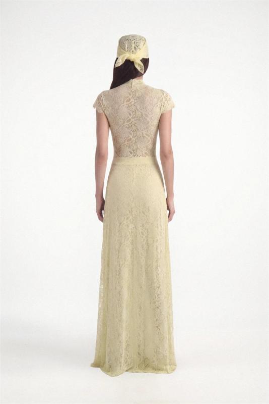 Yellow Two Pieces Lace Hollow Out Long Tops Sexy Pant Sets Dress