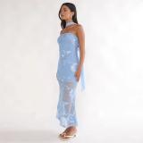 Blue Off Shoulder Lace Embroidery Sheer Luxury Formal Midi Dress