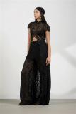 Black Two Pieces Lace Hollow Out Long Tops Sexy Pant Sets Dress