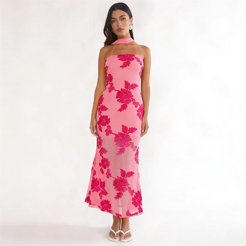 Rose Red Off Shoulder Lace Embroidery Sheer Luxury Formal Midi Dress