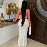 White Halter Neck Knit Hollow Out Chain Vacation Beach Midi Dress