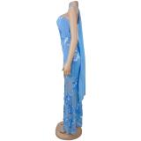 Blue Off Shoulder Lace Embroidery Sheer Luxury Formal Midi Dress