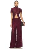 Claret Two Pieces Lace Hollow Out Long Tops Sexy Pant Sets Dress 002