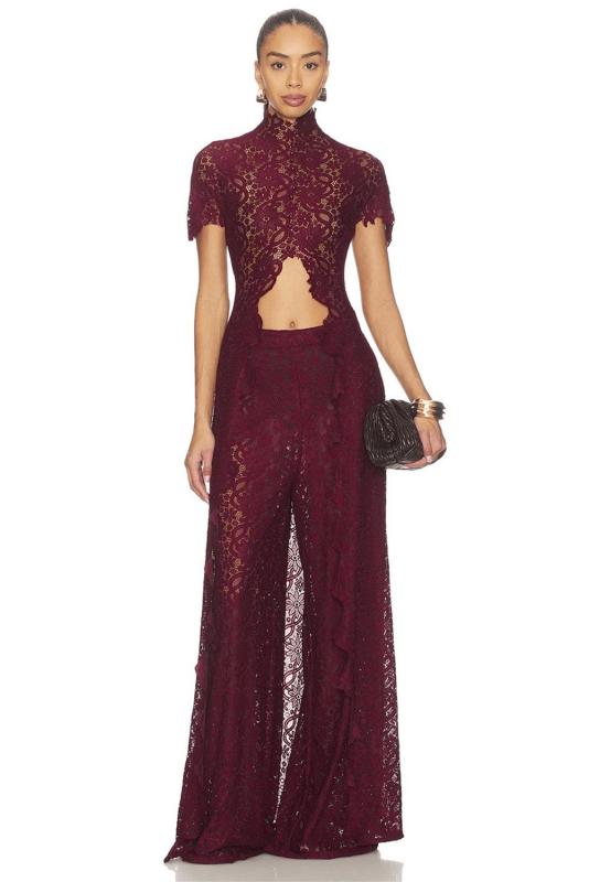 Claret Two Pieces Lace Hollow Out Long Tops Sexy Pant Sets Dress 002