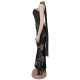Black Off Shoulder Lace Embroidery Sheer Luxury Formal Midi Dress