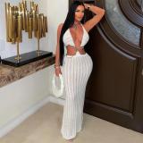 White Halter Neck Knit Hollow Out Chain Vacation Beach Midi Dress
