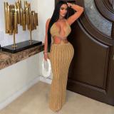 Khaki Halter Neck Knit Hollow Out Chain Vacation Beach Midi Dress