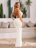 White Halter Neck Knit Hollow Out Chain Vacation Beach Midi Dress