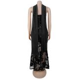Black Off Shoulder Lace Embroidery Sheer Luxury Formal Midi Dress