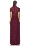 Claret Two Pieces Lace Hollow Out Long Tops Sexy Pant Sets Dress 002