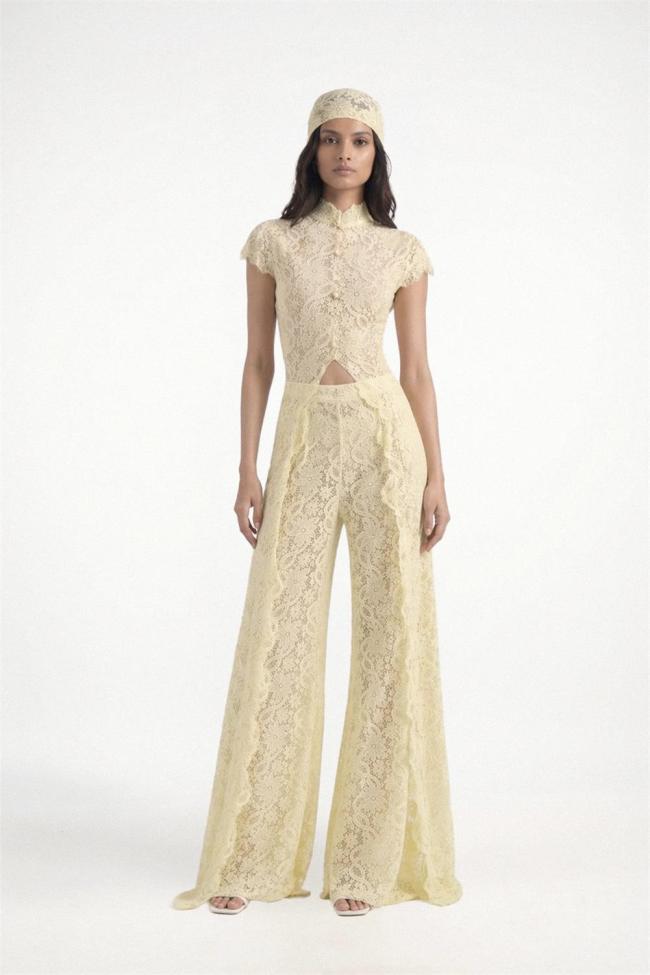 Yellow Two Pieces Lace Hollow Out Long Tops Sexy Pant Sets Dress