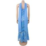 Blue Off Shoulder Lace Embroidery Sheer Luxury Formal Midi Dress
