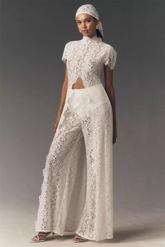White Two Pieces Lace Hollow Out Long Tops Sexy Pant Sets Dress