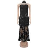 Black Off Shoulder Lace Embroidery Sheer Luxury Formal Midi Dress