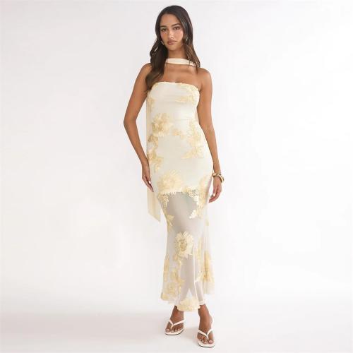 Yellow Off Shoulder Lace Embroidery Sheer Luxury Formal Midi Dress