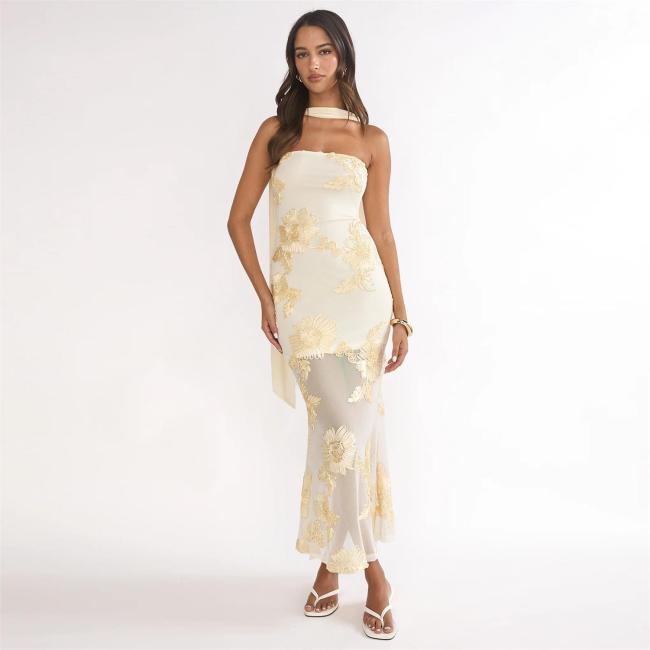 Yellow Off Shoulder Lace Embroidery Sheer Luxury Formal Midi Dress