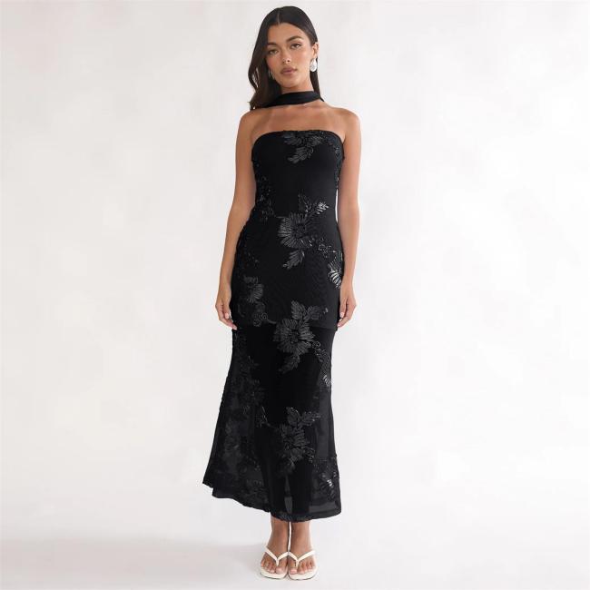 Black Off Shoulder Lace Embroidery Sheer Luxury Formal Midi Dress