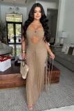 Khaki Knit Hollow Out Tassels Sexy Women Vacation Beach Coats