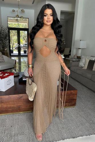 Khaki Knit Hollow Out Tassels Sexy Women Vacation Beach Coats