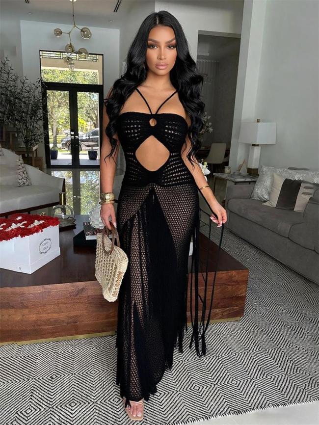 Black Knit Hollow Out Tassels Sexy Women Vacation Beach Coats