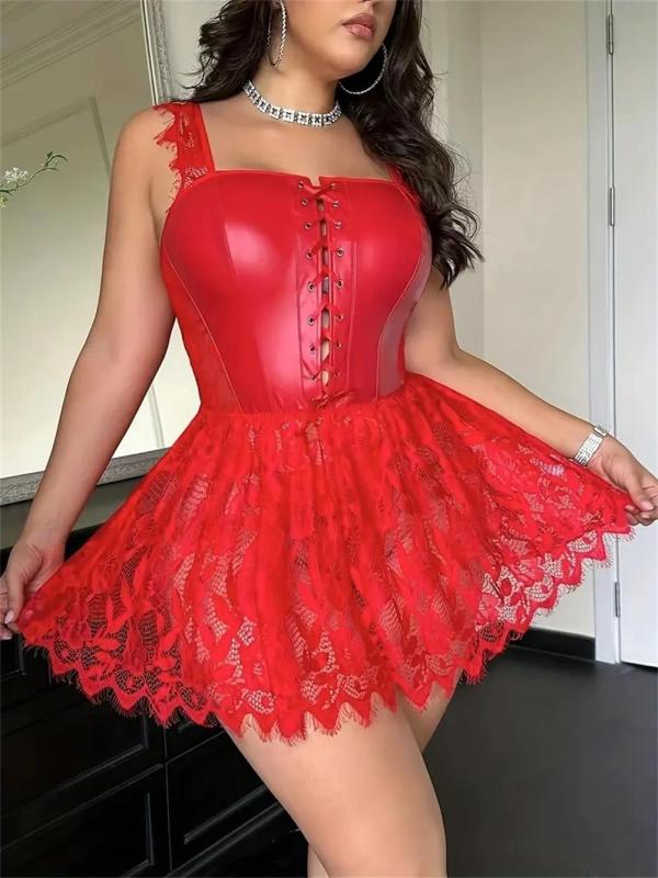 Red Strap PU Leather Lace Up Crosets Bandage Lace Patchwork Sexy Women Erotic Lingerie Skirt