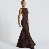 Brown Sleeveless Pleated Bodycon Evening Party Maxi Formal Dress