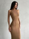 Khaki O Neck Knitted Sleeveless Bodycon Women Casual Midi Dress